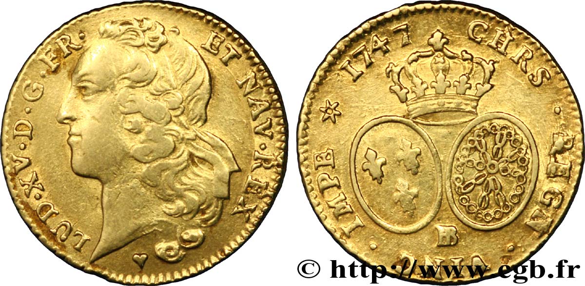 LOUIS XV  THE WELL-BELOVED  Double louis d’or aux écus ovales, tête ceinte d’un bandeau 1747 Strasbourg BC+/MBC