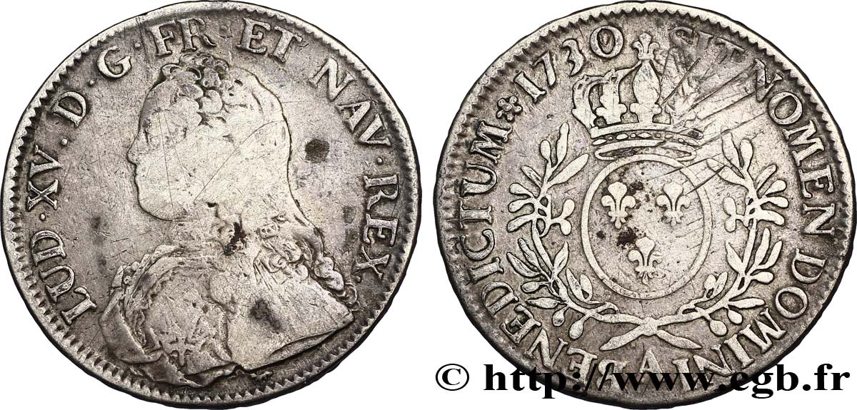 LOUIS XV DIT LE BIEN AIMÉ Écu aux branches d&nbsp;olivier, buste habillé 1730 Paris TB