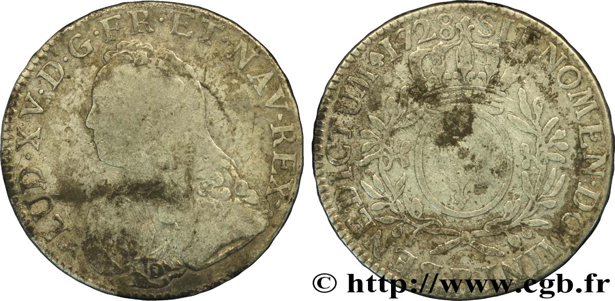 LOUIS XV  THE WELL-BELOVED  Écu aux branches d olivier, buste habillé 1728 Rouen F/VF