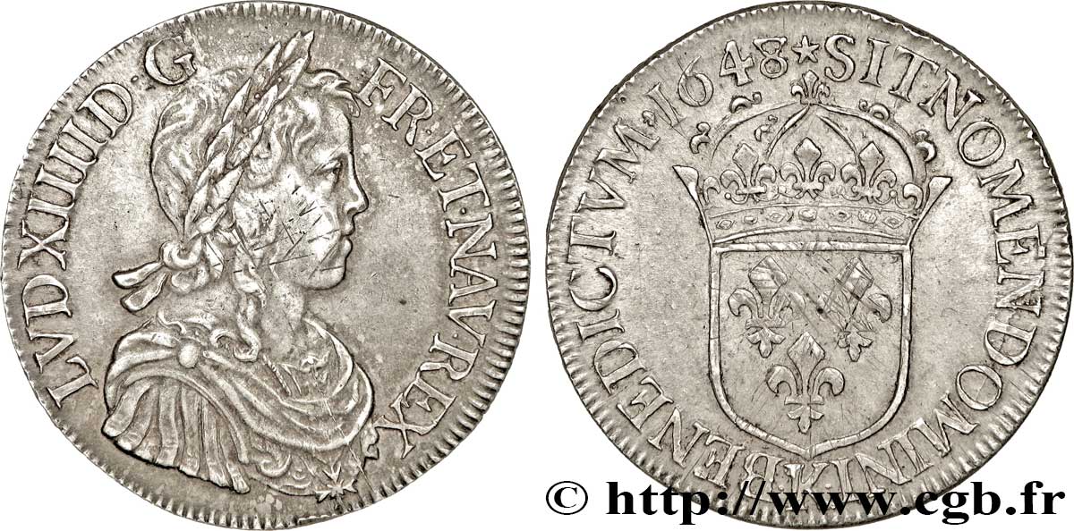 LOUIS XIV  THE SUN KING  Écu, portrait à la mèche longue 1648 Bordeaux MBC+/EBC