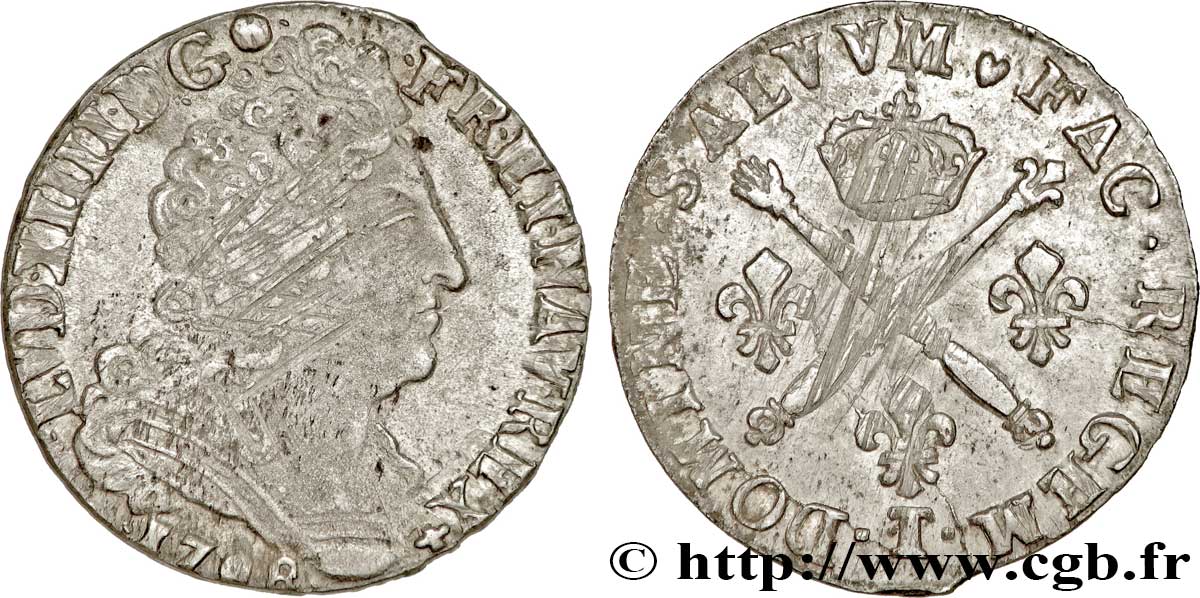LOUIS XIV  THE SUN KING  20 sols aux insignes 1708 Nantes MBC