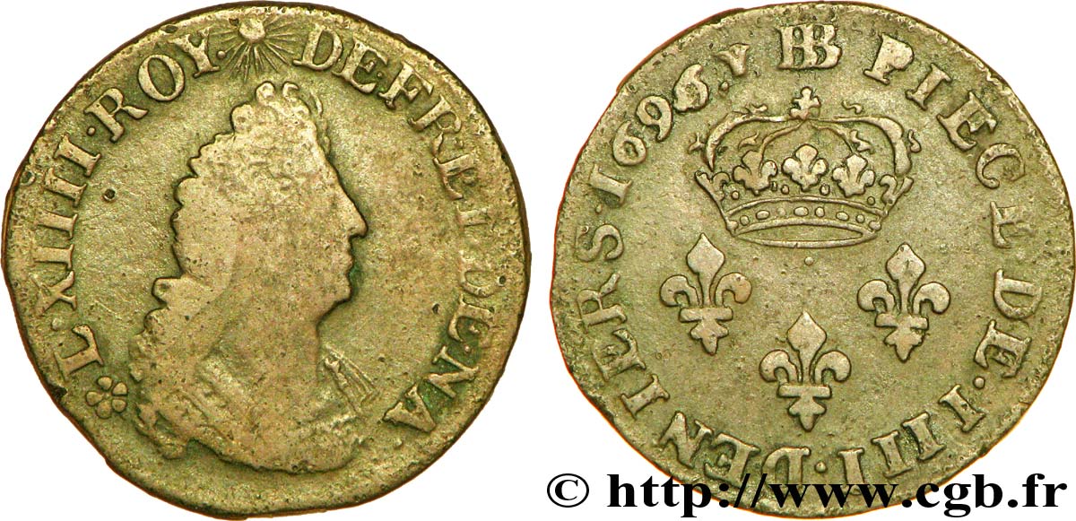 LOUIS XIV LE GRAND OU LE ROI SOLEIL IIII deniers 1696 Strasbourg TB+/TTB
