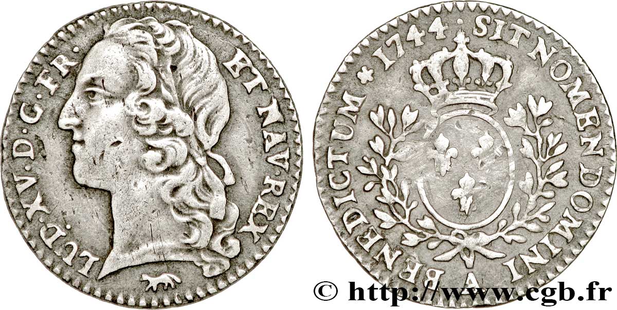 LOUIS XV DIT LE BIEN AIMÉ Dixième d&nbsp;écu aux branches d’olivier, tête ceinte d’un bandeau 1744 Paris TTB