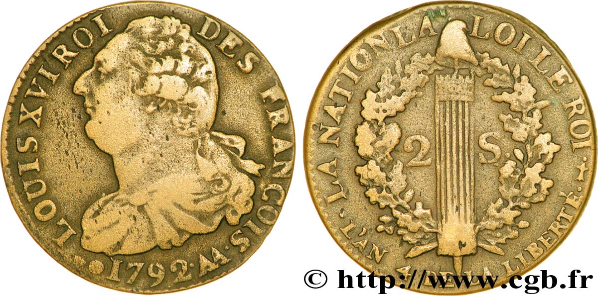 LOUIS XVI (MONARQUE CONSTITUTIONNEL)  2 sols dit &nbsp;au faisceau&nbsp;, type FRANÇOIS 1792 Metz TTB