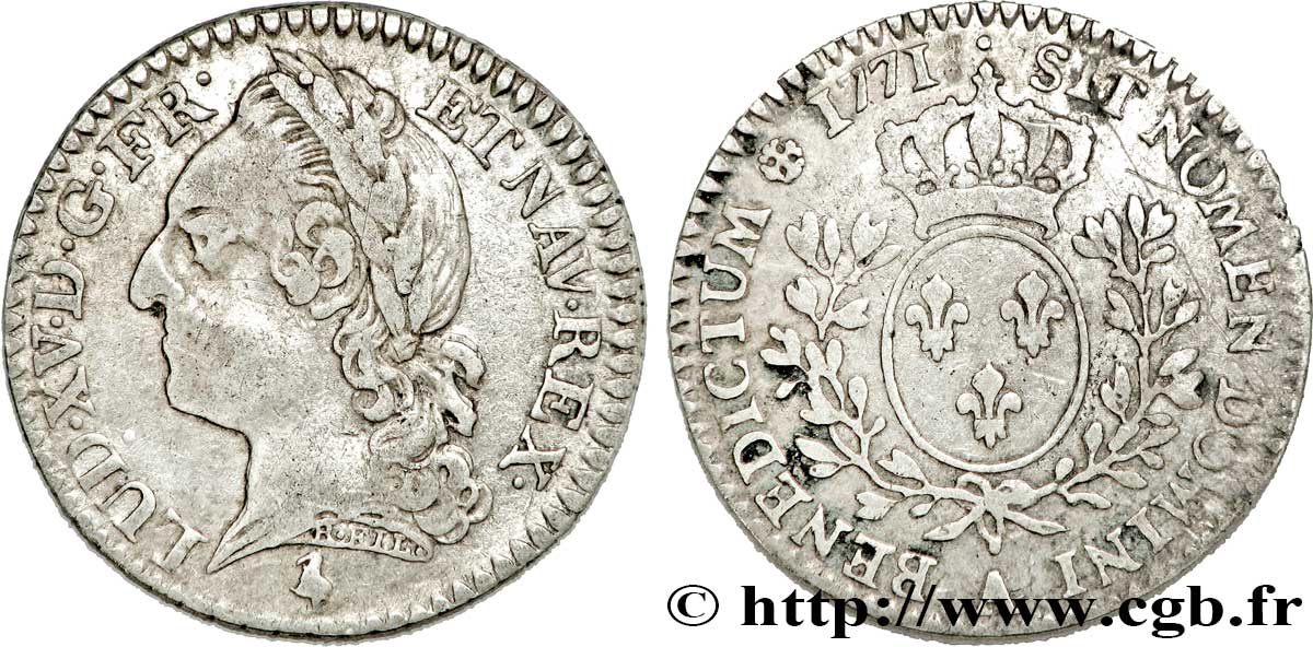 LOUIS XV DIT LE BIEN AIMÉ Dixième d’écu aux branches d’olivier, buste lauré 1771 Paris TB