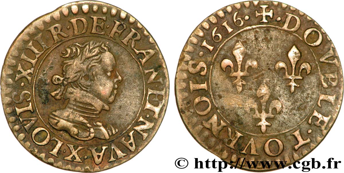 LOUIS XIII LE JUSTE Double tournois, 3e type 1616 Amiens TTB