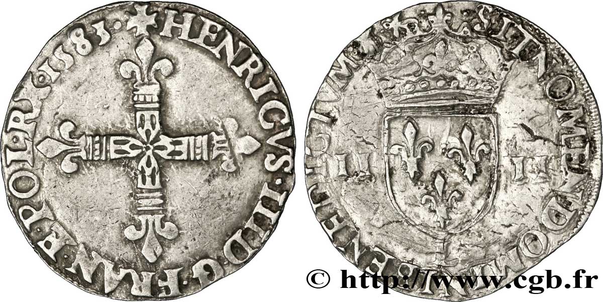 HENRY III Quart d écu, croix de face 1583 Bayonne XF/VF