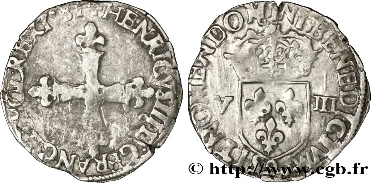 HENRI III Huitième d&nbsp;écu, croix de face 1581 Rennes TB+/TTB