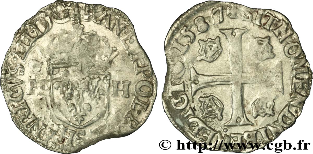 HENRI III Douzain aux deux H, 1er type 1587 Troyes TTB