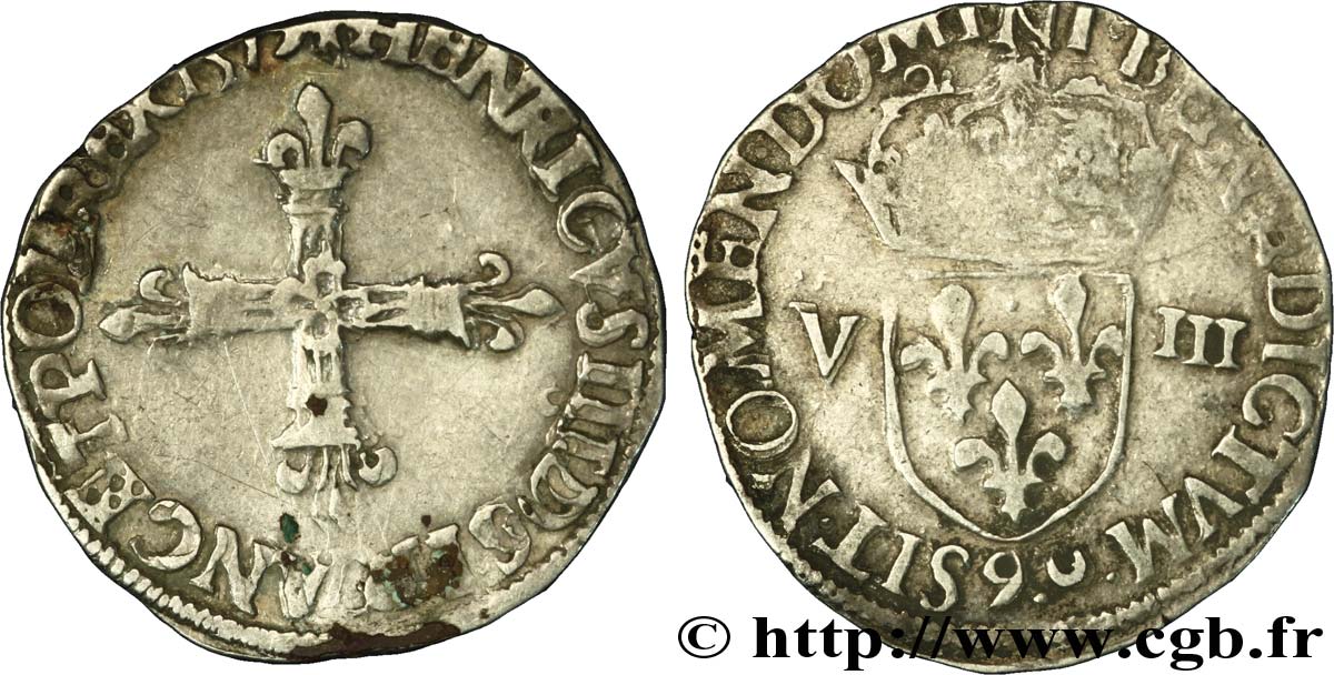 HENRI III Huitième d&nbsp;écu, croix de face 1579 Rennes TTB