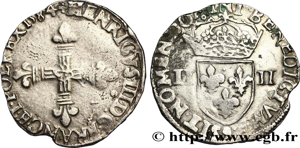 HENRI III Quart d&nbsp;écu, croix de face 1584 Rennes TTB/TB+