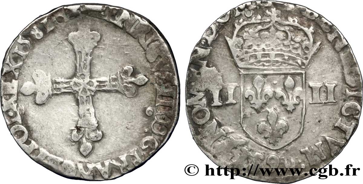 HENRY III Quart d écu, croix de face 1581 Rennes q.BB