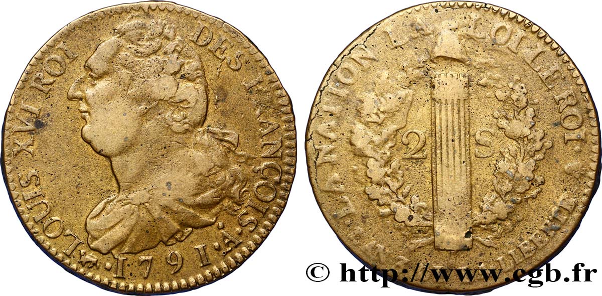 LOUIS XVI (MONARQUE CONSTITUTIONNEL)  2 sols dit  au faisceau , type FRANÇOIS 1791 Paris TB+
