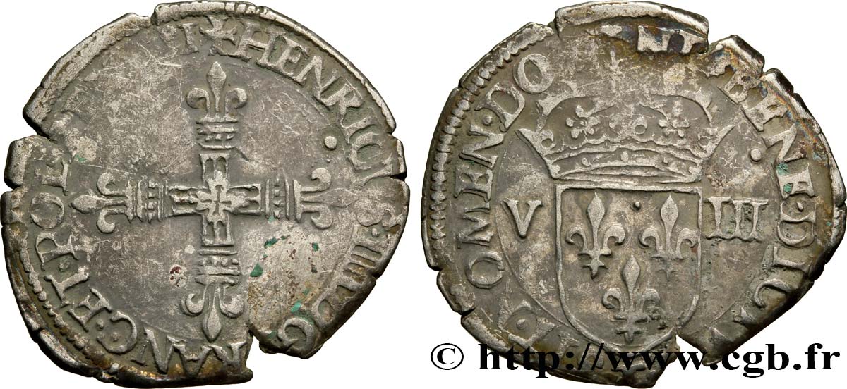 HENRI III Huitième d écu, croix de face 1581 Nantes TB+/TTB