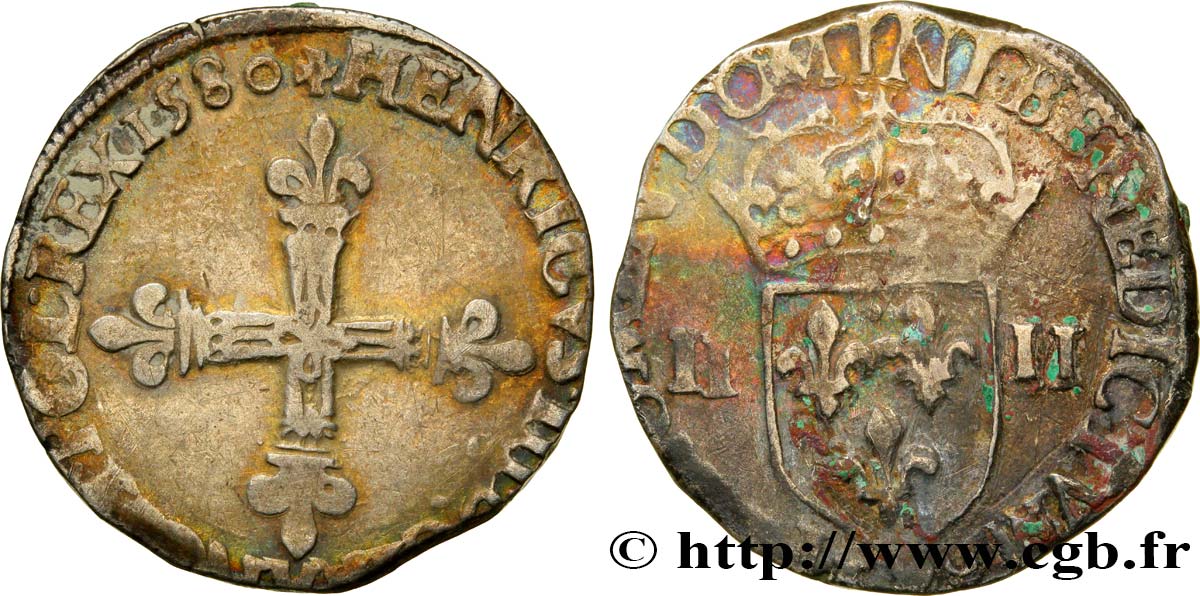 HENRY III Quart d écu, croix de face 1580 Rennes BC+/BC
