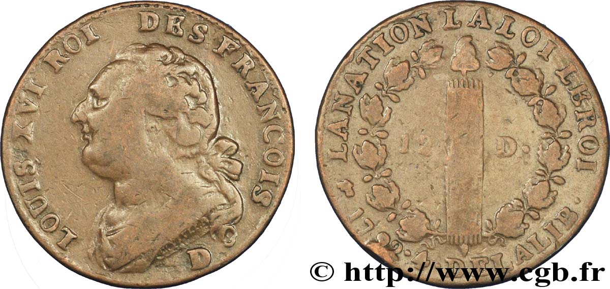 LOUIS XVI (MONARQUE CONSTITUTIONNEL)  12 deniers dit &nbsp;au faisceau&nbsp;, type FRANCOIS 1792 Lyon B