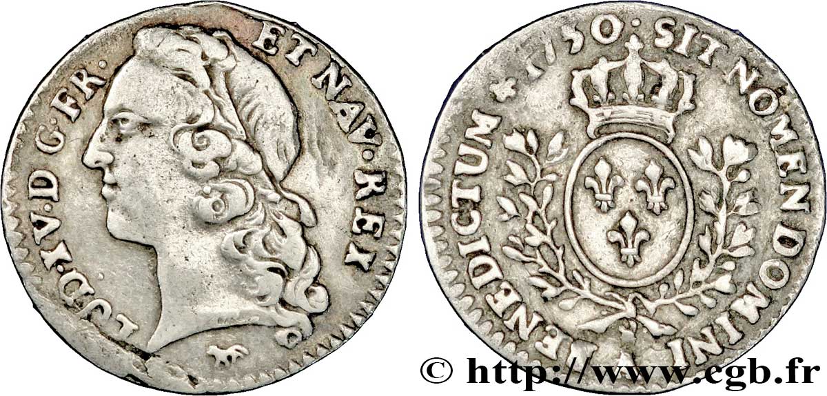 LOUIS XV DIT LE BIEN AIMÉ Vingtième d&nbsp;écu aux branches d’olivier, tête ceinte d’un bandeau 1750 Paris TB+