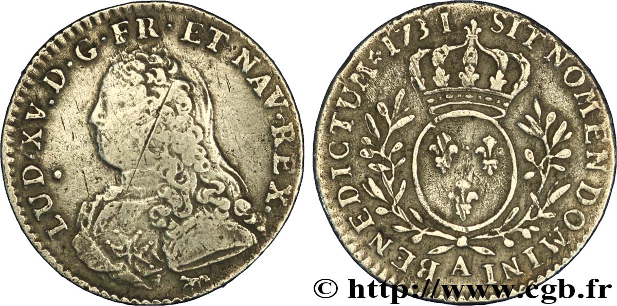 LOUIS XV  THE WELL-BELOVED  Dixième d’écu aux branches d’olivier, buste habillé 1731 Paris BC