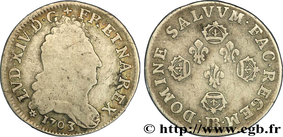 LOUIS XIV LE GRAND OU LE ROI SOLEIL Dix sols aux quatre couronnes 1703 Strasbourg B+/TB