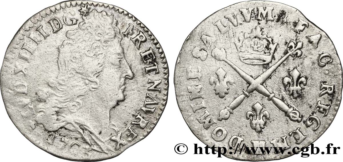 LOUIS XIV LE GRAND OU LE ROI SOLEIL 10 sols aux insignes 1703 La Rochelle TB+