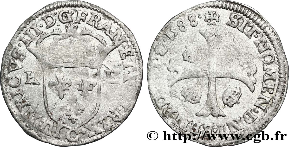 HENRI III Douzain aux deux H, 1er type 1588 Saint-Lô TTB+