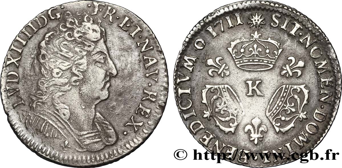 LOUIS XIV LE GRAND OU LE ROI SOLEIL Dixième d&nbsp;écu aux trois couronnes 1711 Bordeaux TTB