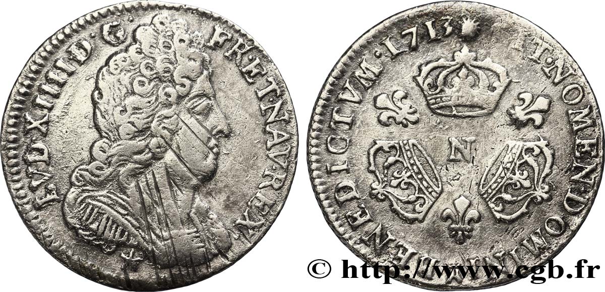 LOUIS XIV LE GRAND OU LE ROI SOLEIL Dixième d&nbsp;écu aux trois couronnes 1713 Montpellier TTB