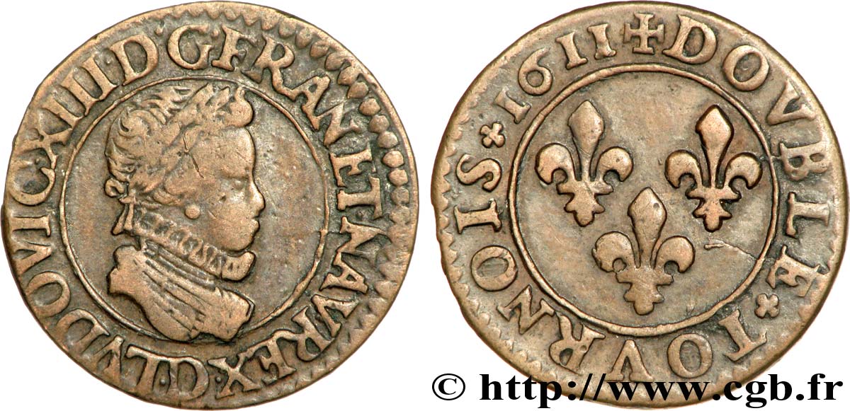 LOUIS XIII LE JUSTE Double tournois, 1er type 1611 Lyon TTB