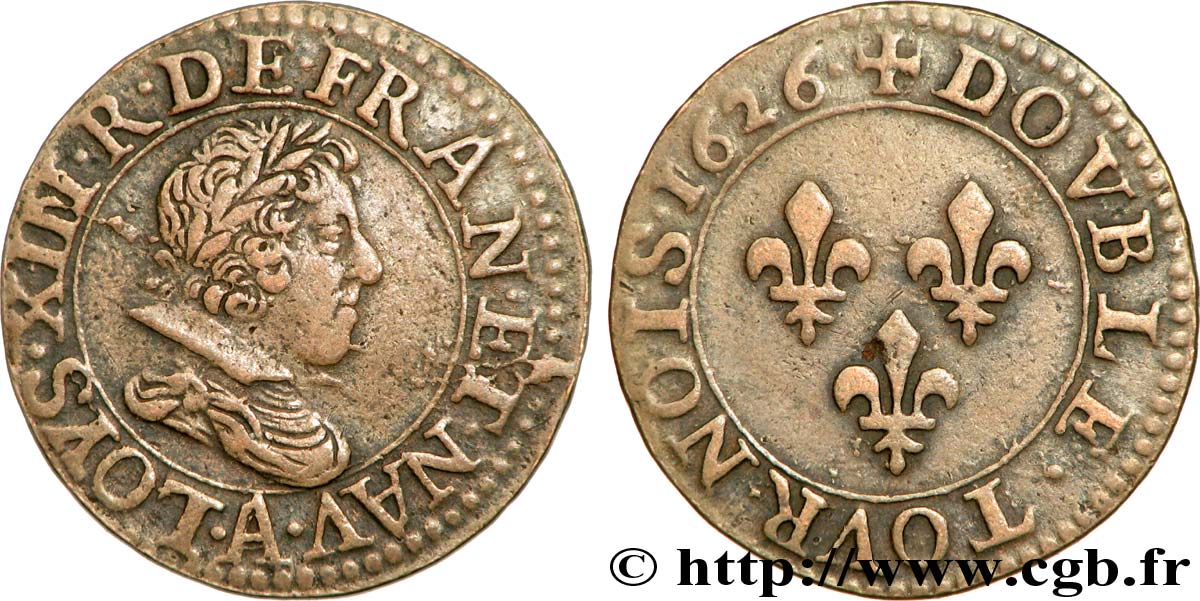 LOUIS XIII Double tournois, 3e type 1626 Paris AU