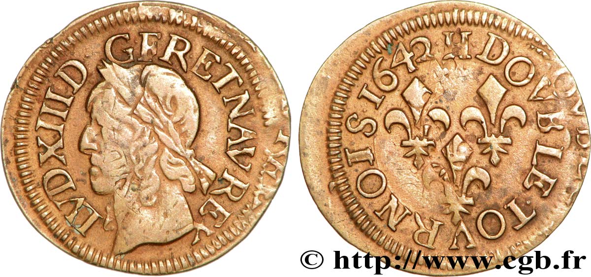 LOUIS XIII LE JUSTE Double tournois, type de Warin 1642 La Rochelle TB+/TTB