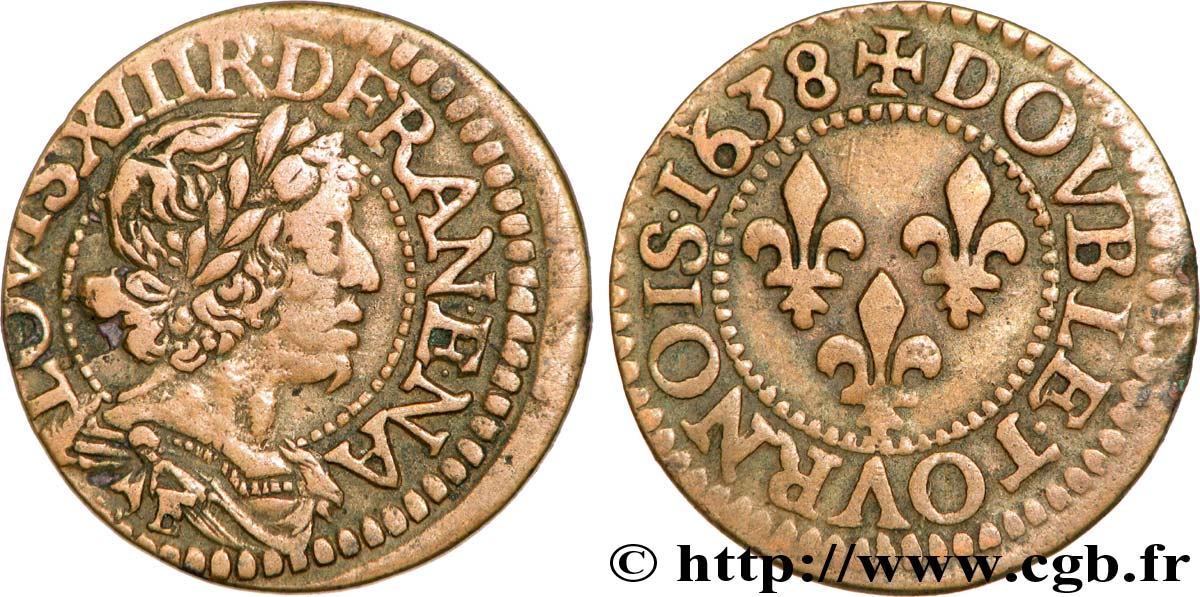 LOUIS XIII LE JUSTE Double tournois, 15e type 1638 Tours TTB