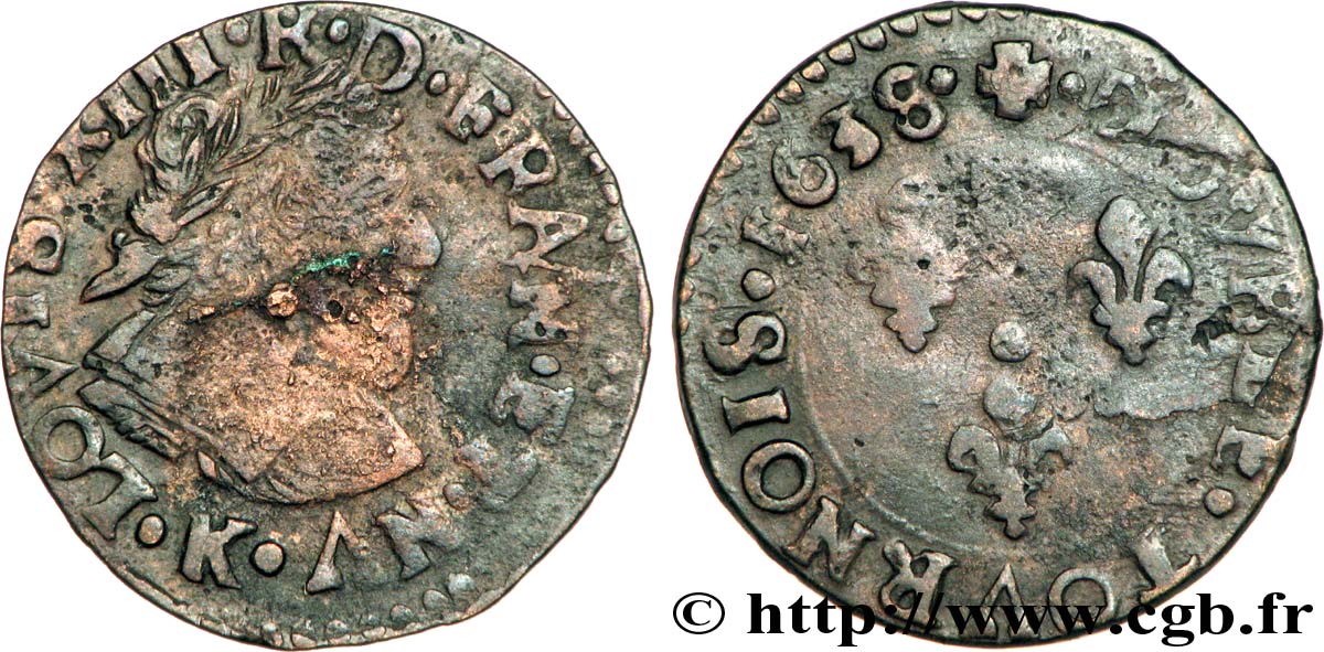 LOUIS XIII LE JUSTE Double tournois, 13e type 1638 Bordeaux TB/TB+