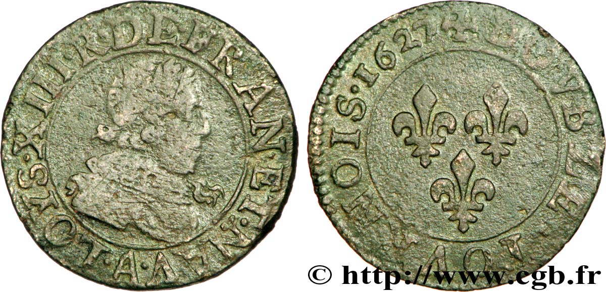 LOUIS XIII LE JUSTE Double tournois, 4e type 1627 Paris TB/TB+