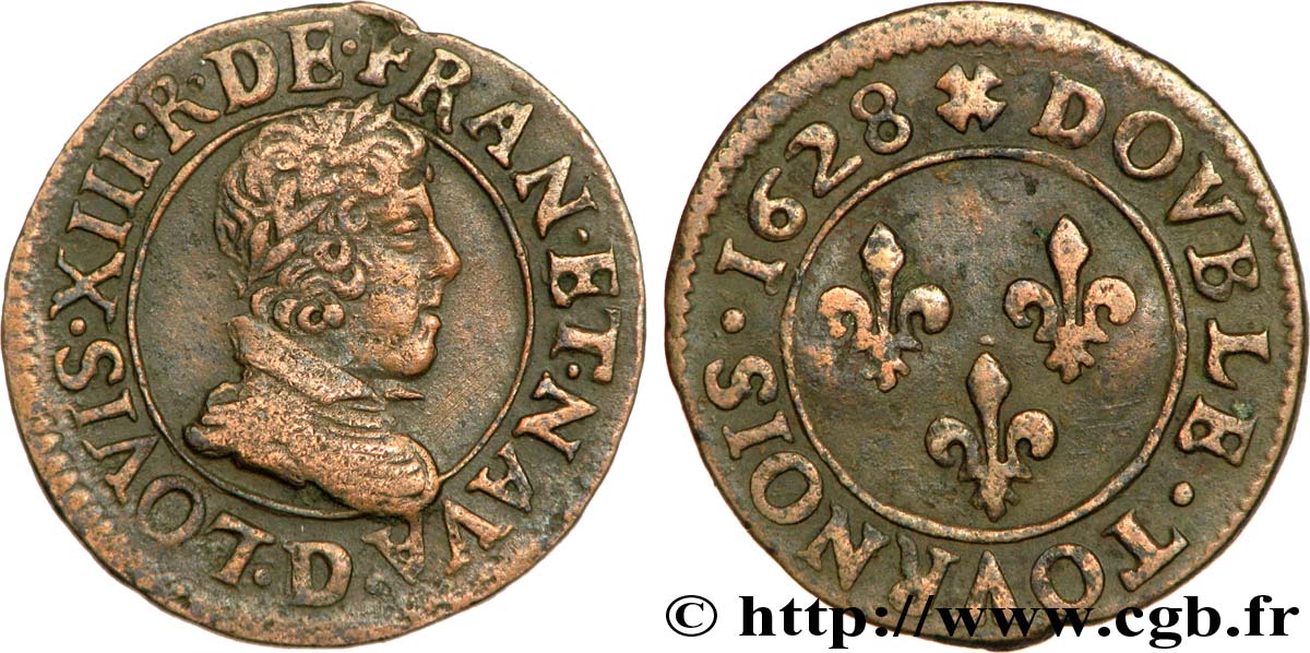 LOUIS XIII LE JUSTE Double tournois, 6e type 1628 Lyon TTB/TB+