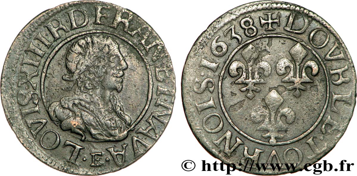 LOUIS XIII LE JUSTE Double tournois, 18e type 1638 Tours TTB