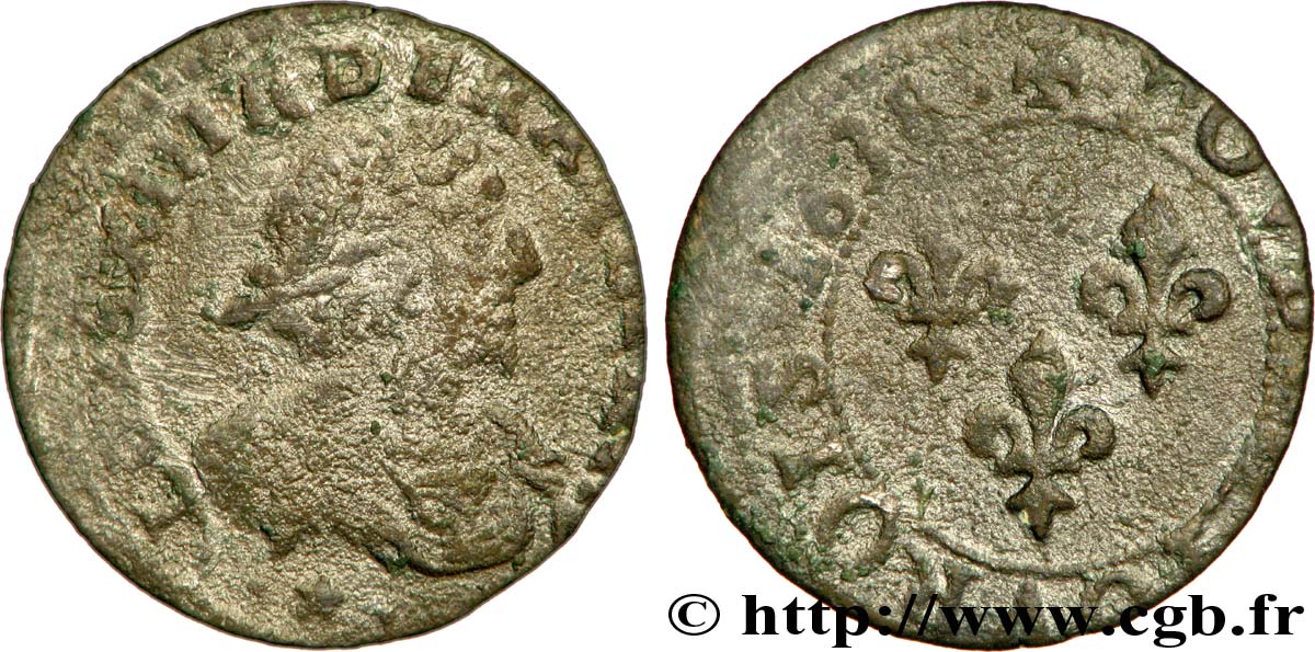 LOUIS XIII LE JUSTE Double tournois 1638 Atelier indéterminé TB