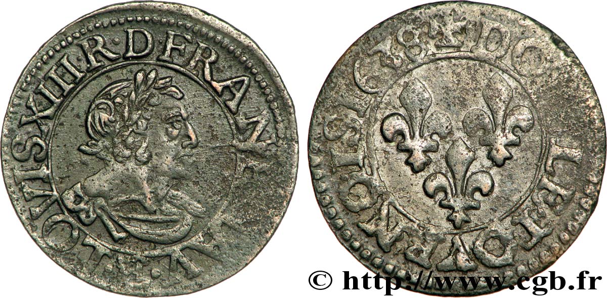 LOUIS XIII LE JUSTE Double tournois, 17e type 1638 Tours TTB/TB+