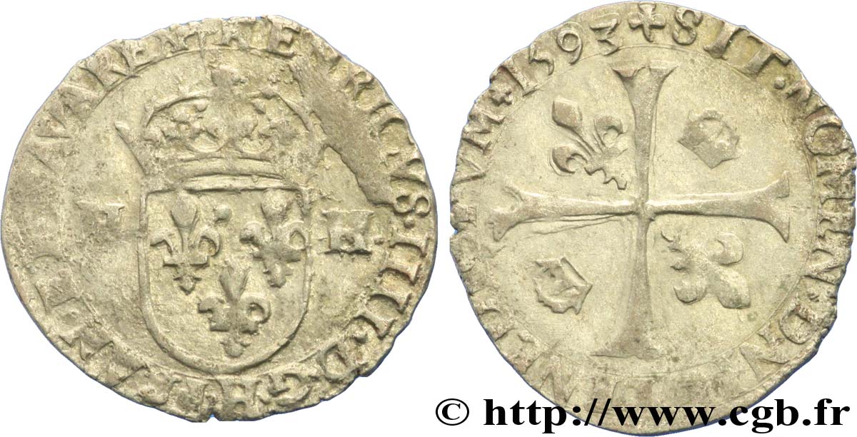 HENRY IV Douzain aux deux H, 2e type 1593 La Rochelle XF
