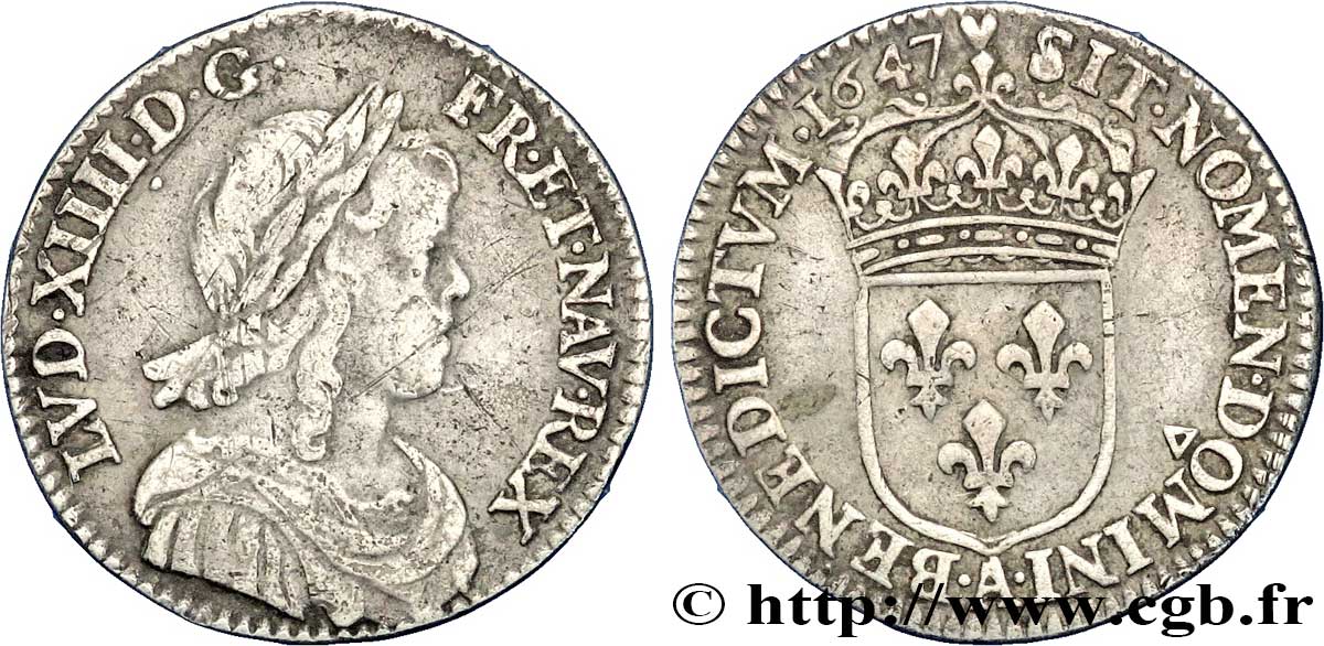 LOUIS XIV LE GRAND OU LE ROI SOLEIL Douzième d&nbsp;écu, portrait à la mèche longue 1647 Paris TB+