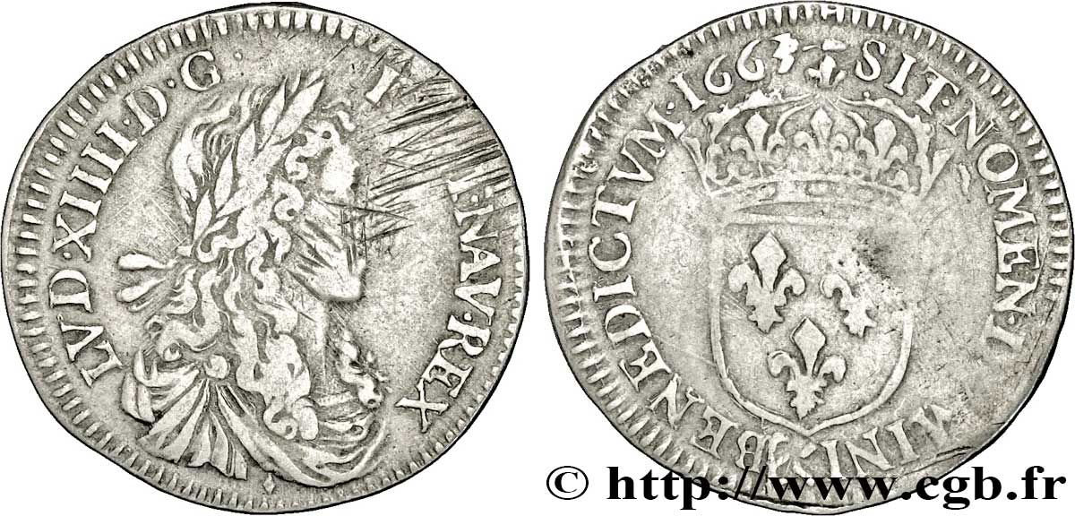 LOUIS XIV LE GRAND OU LE ROI SOLEIL Douzième d&nbsp;écu, portrait apollinien 1663 Aix-en-Provence TB+