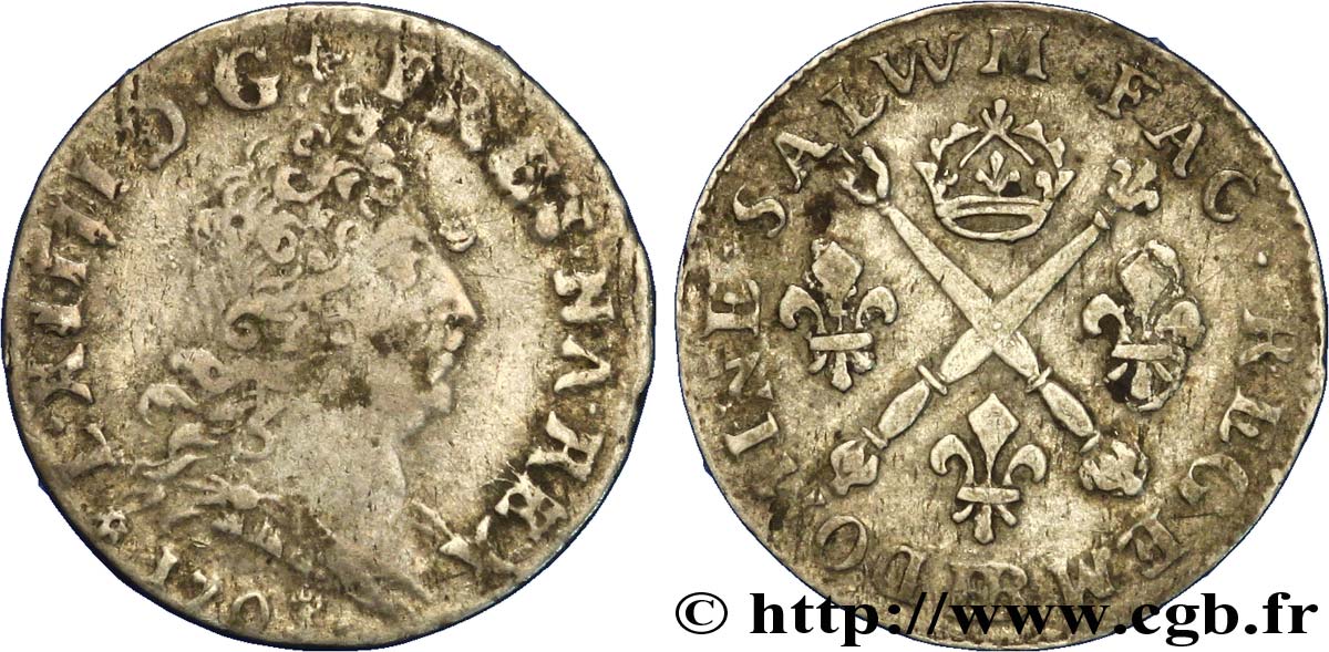 LOUIS XIV LE GRAND OU LE ROI SOLEIL Cinq sols aux insignes 1703 Strasbourg TB+