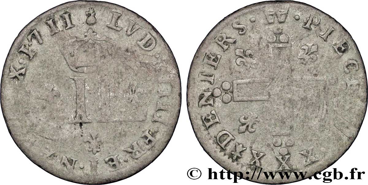 LOUIS XIV  THE SUN KING  XXX deniers aux 2 L couronnées 1711 Metz fS