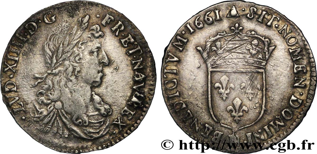 LOUIS XIV  THE SUN KING  Douzième d écu, portrait apollinien 1661 Montpellier VF