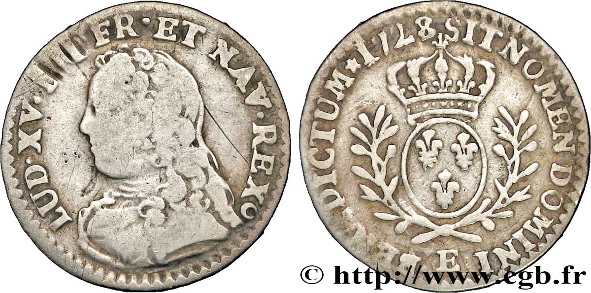 LOUIS XV DIT LE BIEN AIMÉ Vingtième d’écu aux branches d’olivier, buste habillé 1728 Tours TB+