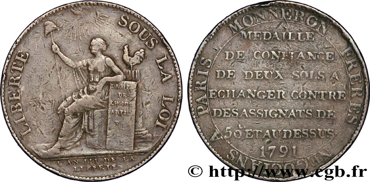 CONFIANCE (MONNAIES DE...) Monneron de 2 sols à la Liberté 1791 Birmingham, Soho TB+