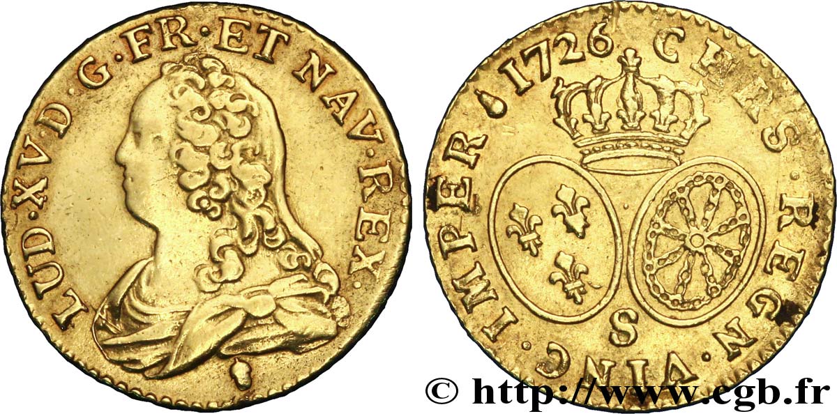 LOUIS XV  THE WELL-BELOVED  Louis d or aux écus ovales, buste habillé 1726 Reims VF/XF