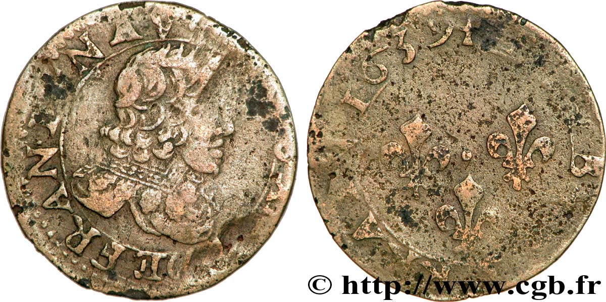 LOUIS XIII LE JUSTE Double lorrain, 12e type 1639 Stenay TB+/B+