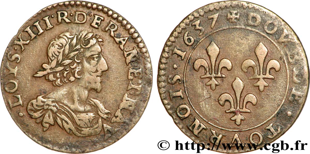 LOUIS XIII LE JUSTE Double tournois 1637 Vallée du Rhône TTB+/TTB