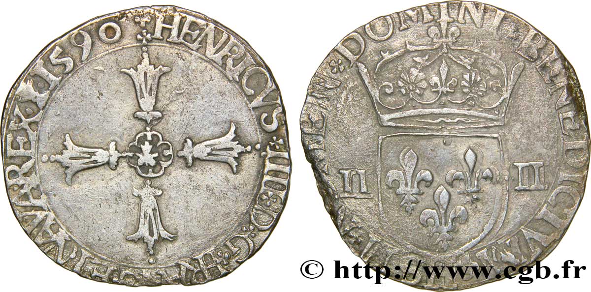 HENRY IV Quart d écu, croix feuillue de face 1590 La Rochelle BB