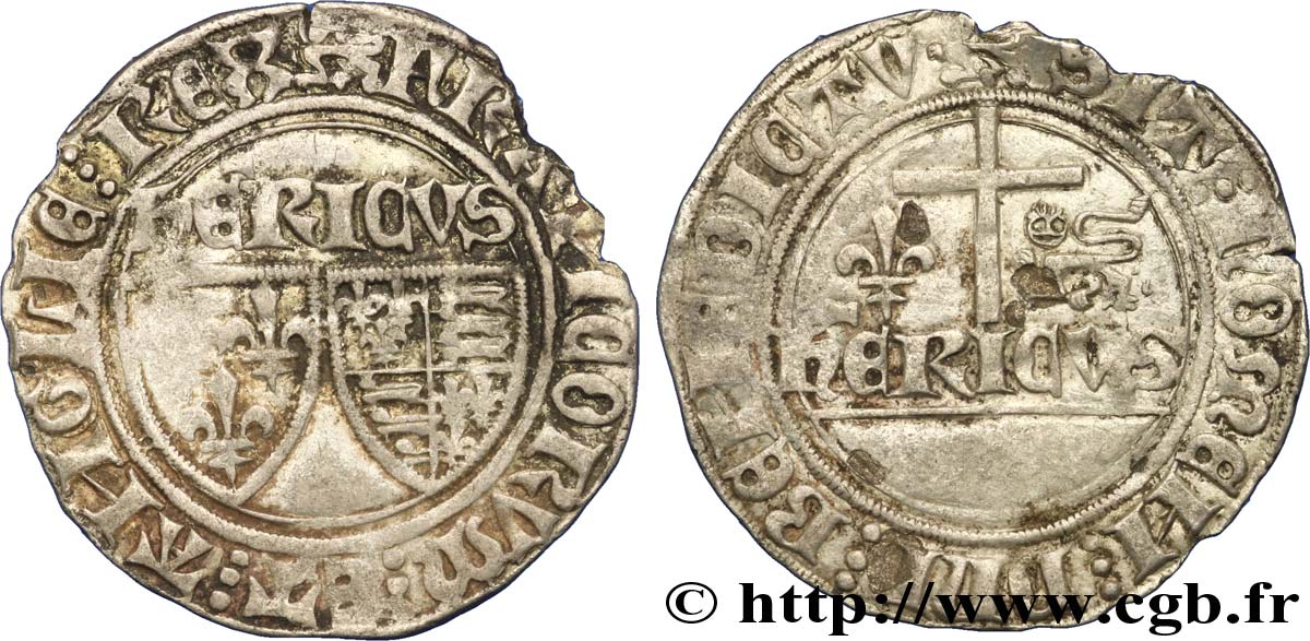 HENRY VI DE LANCASTRE - ROI DE FRANCE (1422-1453) - ROI D&nbsp;ANGLETERRE (1422-1461) et (1470-1471) Blanc aux écus n.d. Rouen TB